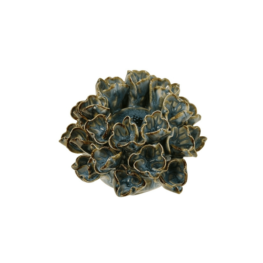 Billede af Fyrfadslysestage Marina | Stentøj med blomster | Blå | 12.5x12.5x9 cm